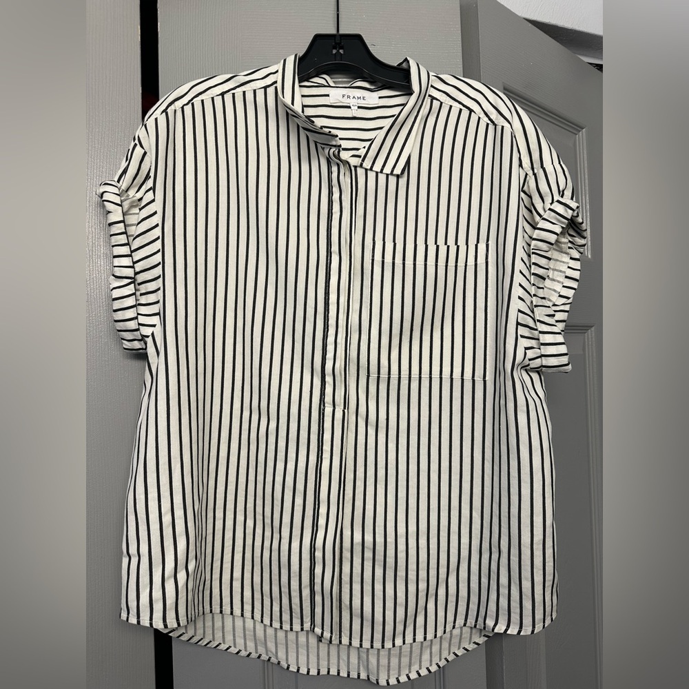 Frame Women’s Black and White Vertical Stripe Button-Up Shirt